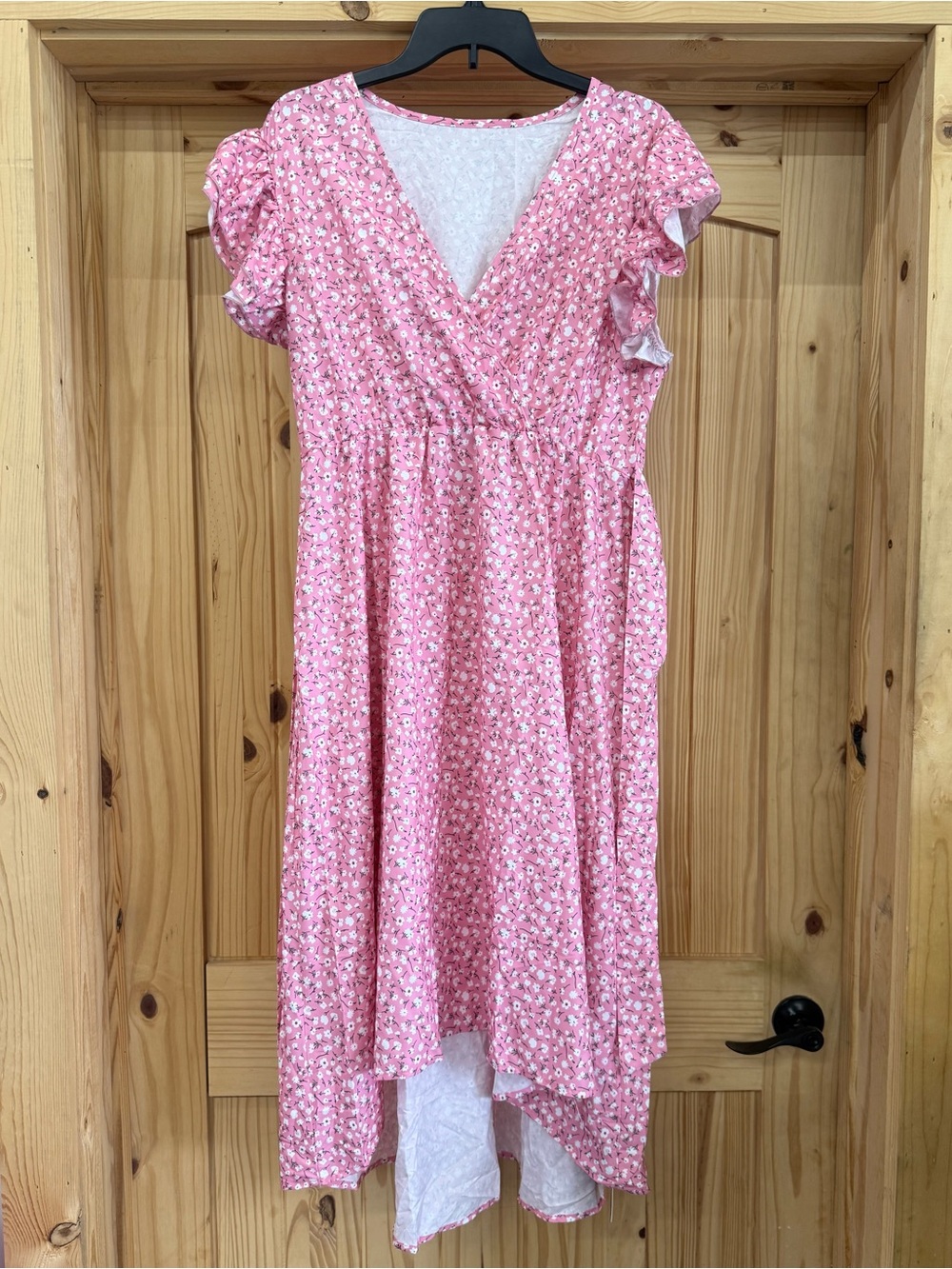 Fashion Pink Floral Print Ruffle Sleeve High-Low Wrap Dress Size L